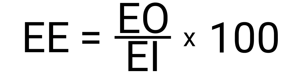 An image of the formula used to calculate how efficient a system is based on its input and output.